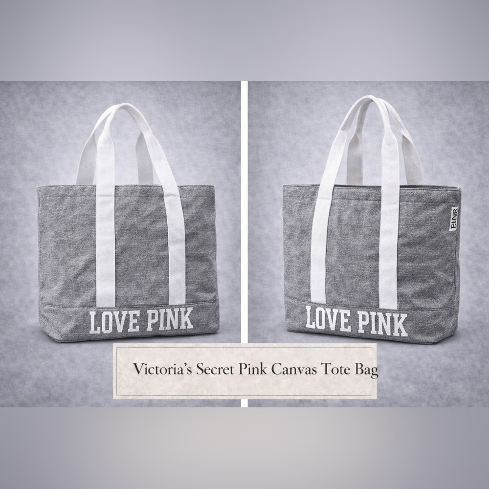 Victoria’s Secret PINK Canvas Tote Bag Gray White LOVE PINK Large